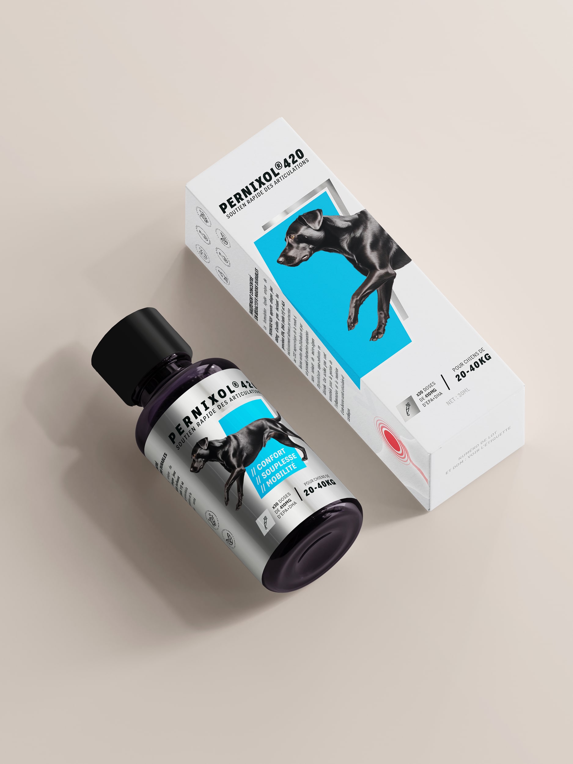 Une photo en perpective du flacon et de l'étui produit de PERNIXOL®420
